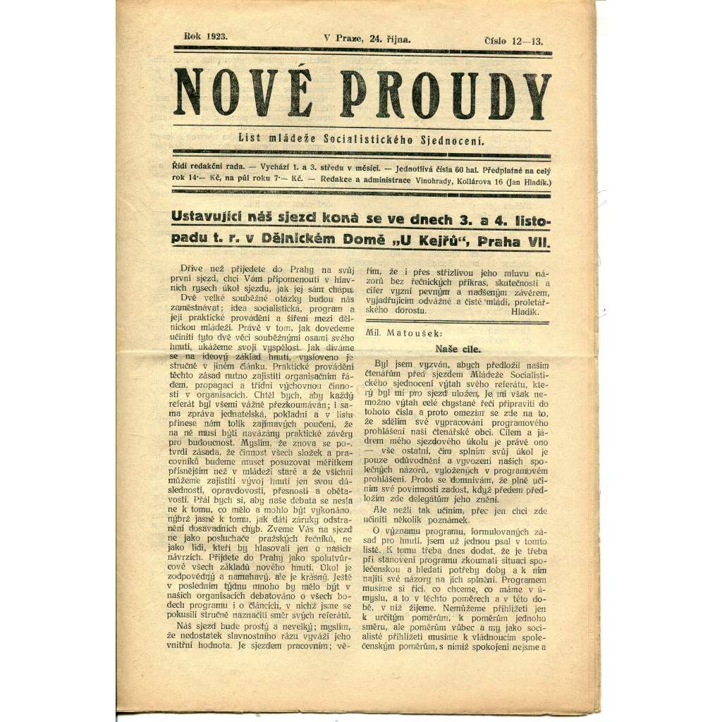 Nové proudy. List mládeže Socialistického Sjednocení (24.10.1923) - staré noviny, 1. republika Nové proudy. List mládeže Socialistického Sjednocení (24.10.1923) - staré noviny, 1. republika