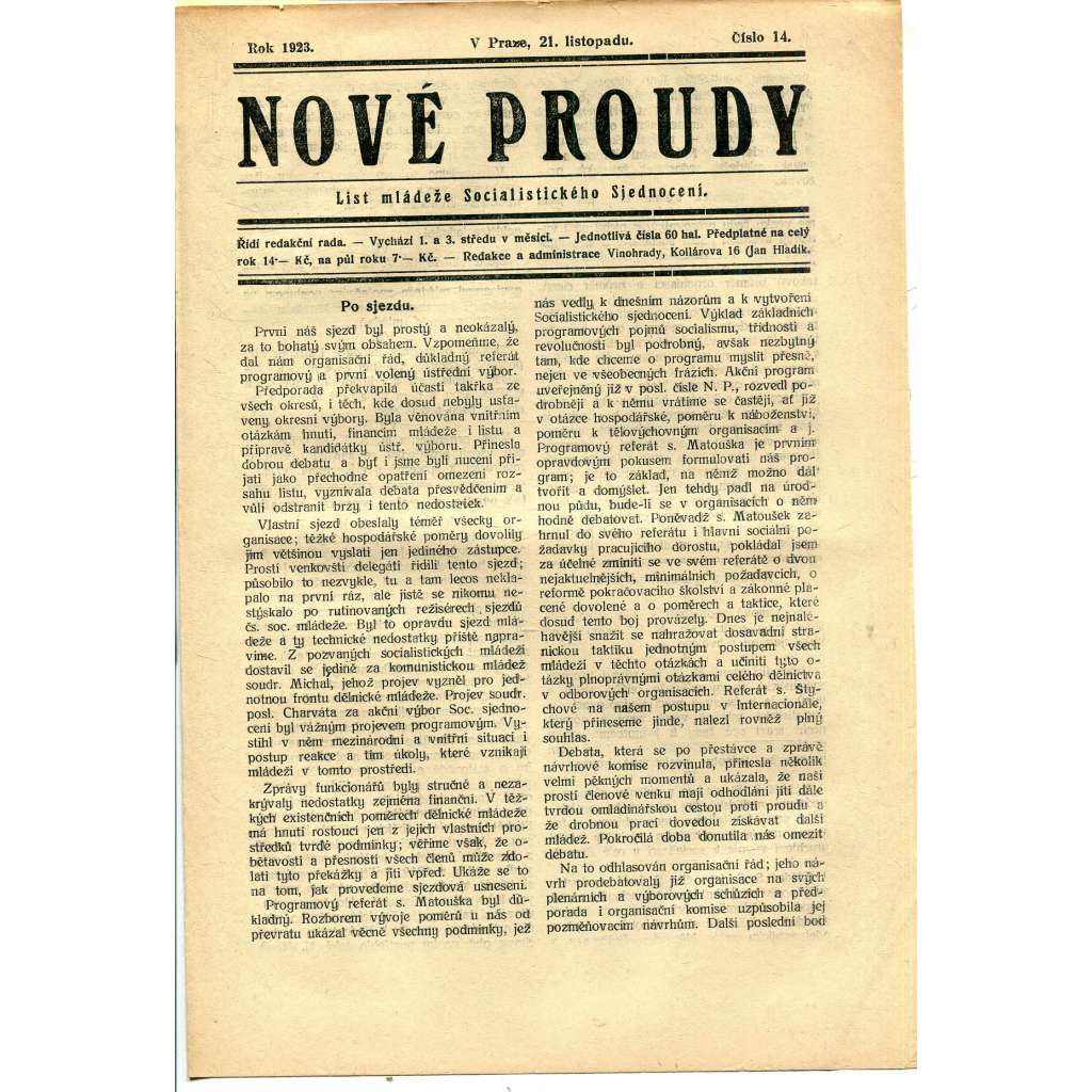 Nové proudy. List mládeže Socialistického Sjednocení (21.11.1923) - staré noviny, 1. republika Nové proudy. List mládeže Socialistického Sjednocení (21.11.1923) - staré noviny, 1. republika