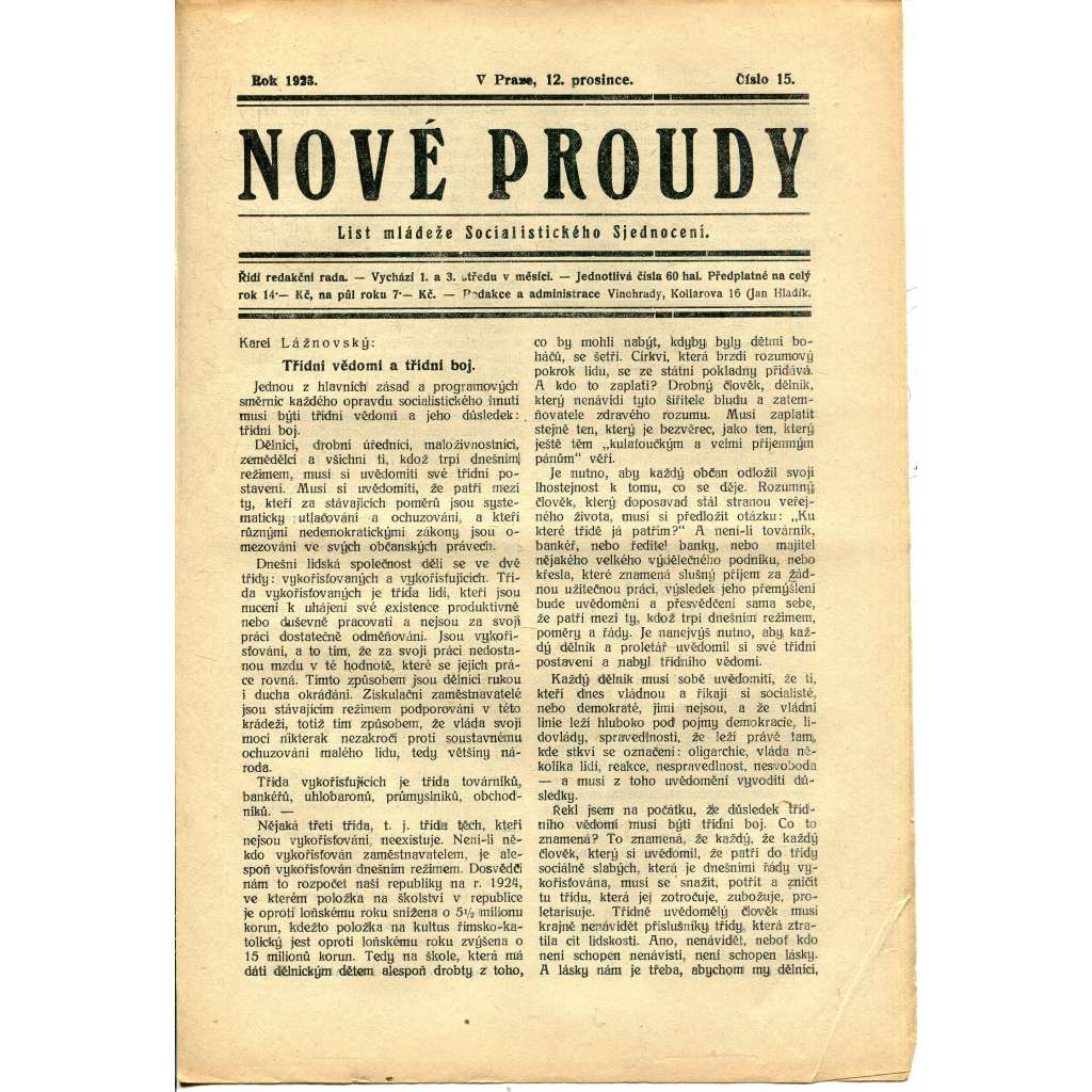 Nové proudy. List mládeže Socialistického Sjednocení (12.12.1923) - staré noviny, 1. republika Nové proudy. List mládeže Socialistického Sjednocení (12.12.1923) - staré noviny, 1. republika