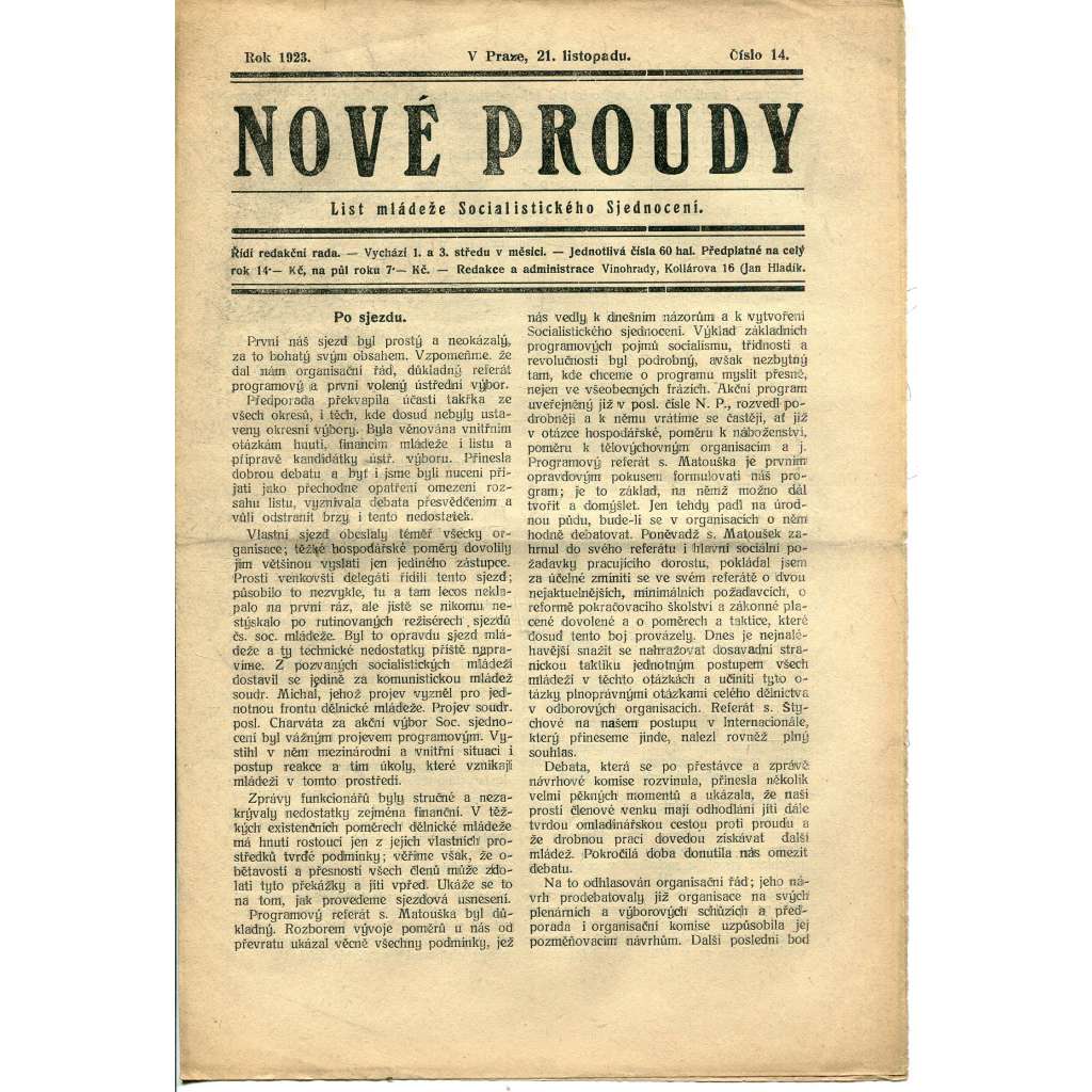 Nové proudy. List mládeže Socialistického Sjednocení (21.11.1923) - staré noviny, 1. republika Nové proudy. List mládeže Socialistického Sjednocení (21.11.1923) - staré noviny, 1. republika