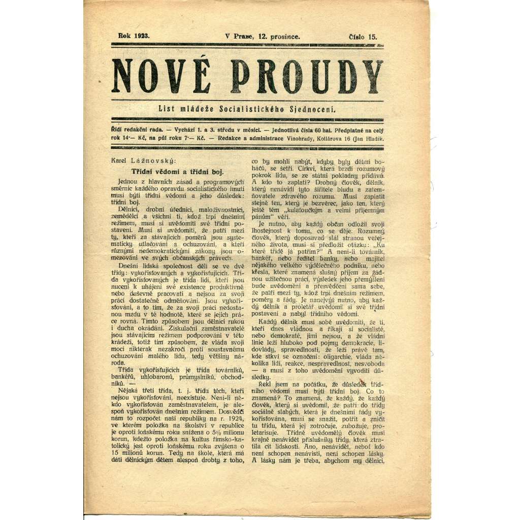 Nové proudy. List mládeže Socialistického Sjednocení (12.12.1923) - staré noviny, 1. republika Nové proudy. List mládeže Socialistického Sjednocení (12.12.1923) - staré noviny, 1. republika