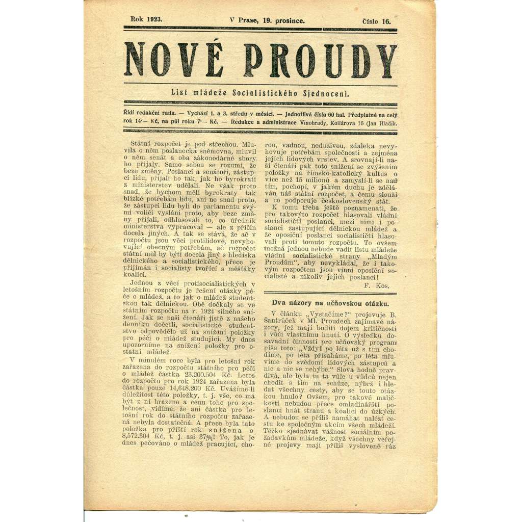 Nové proudy. List mládeže Socialistického Sjednocení (19.12.1923) - staré noviny, 1. republika Nové proudy. List mládeže Socialistického Sjednocení (19.12.1923) - staré noviny, 1. republika