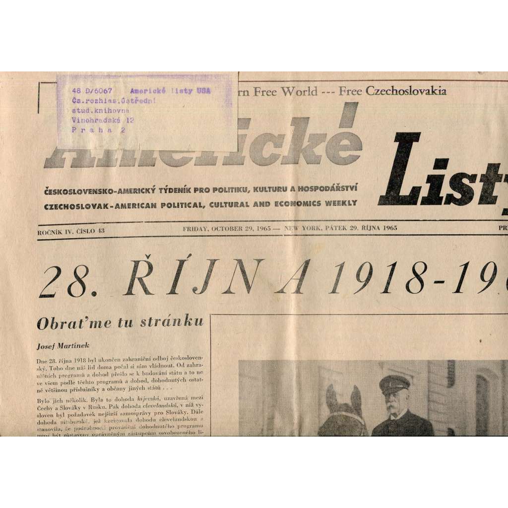 Americké listy, ročník IV., číslo 43/1965 (exil, staré noviny) - 29.10.1965