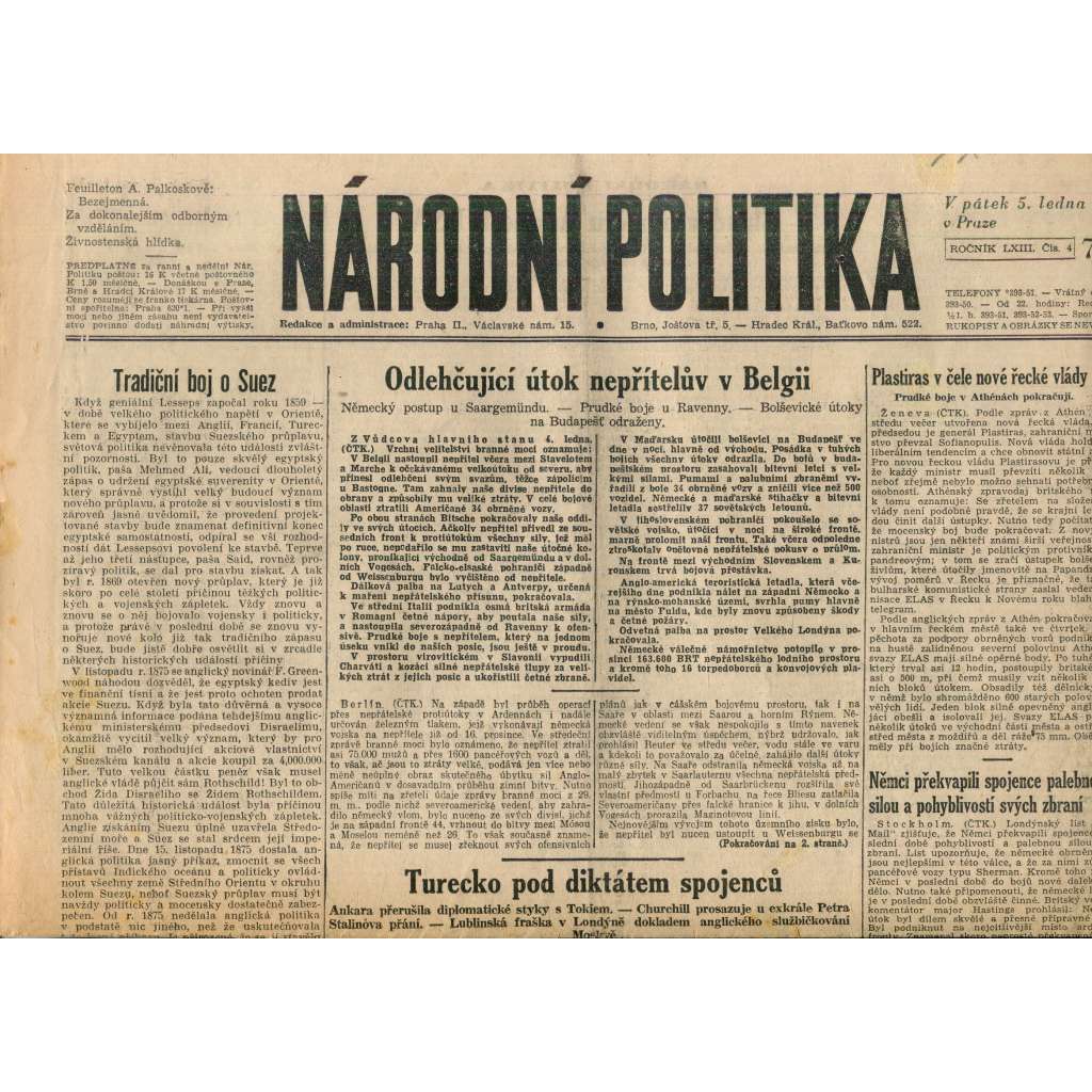 Národní politika (5.1.1945) - staré noviny, protektorát