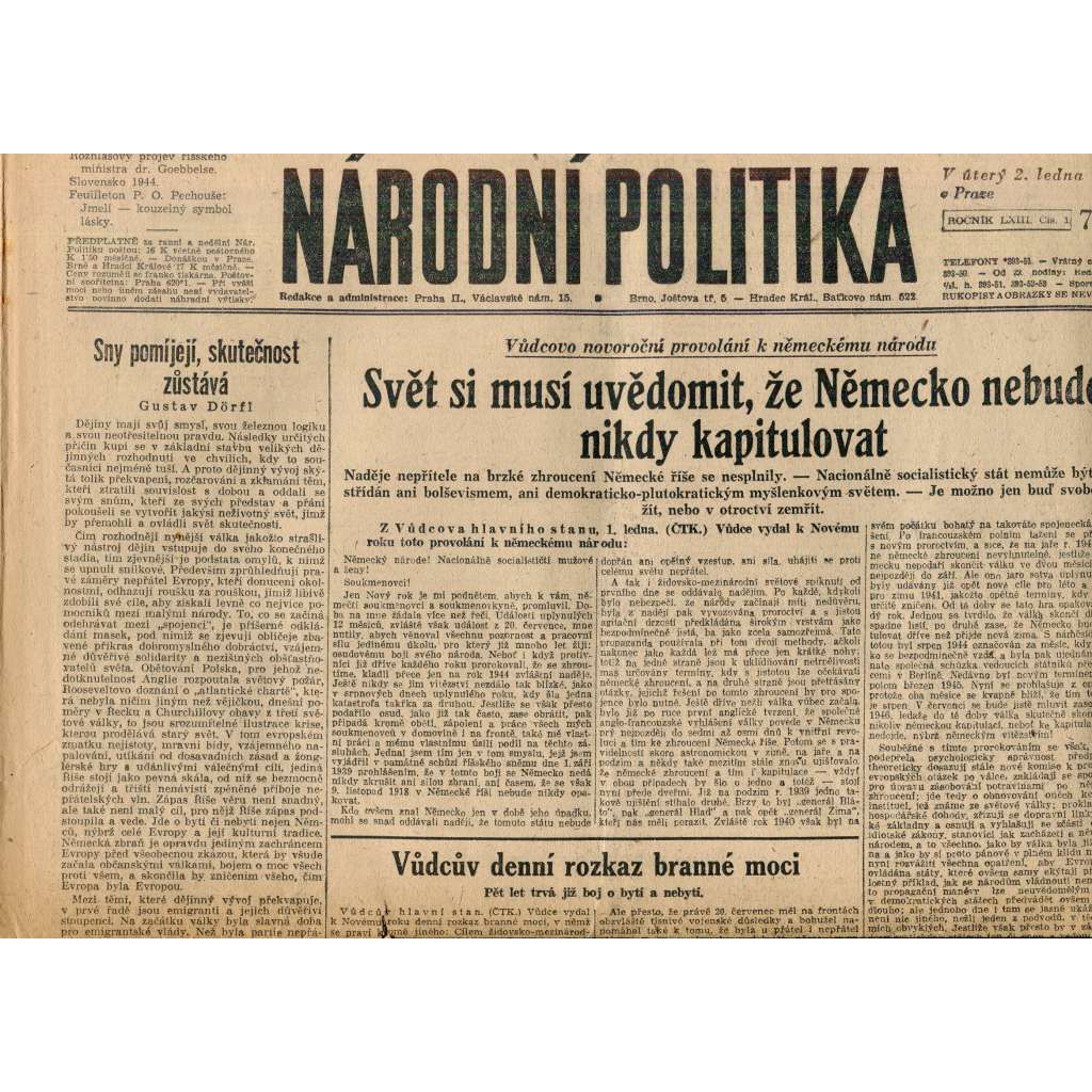 Národní politika (2.1.1945) - staré noviny, protektorát