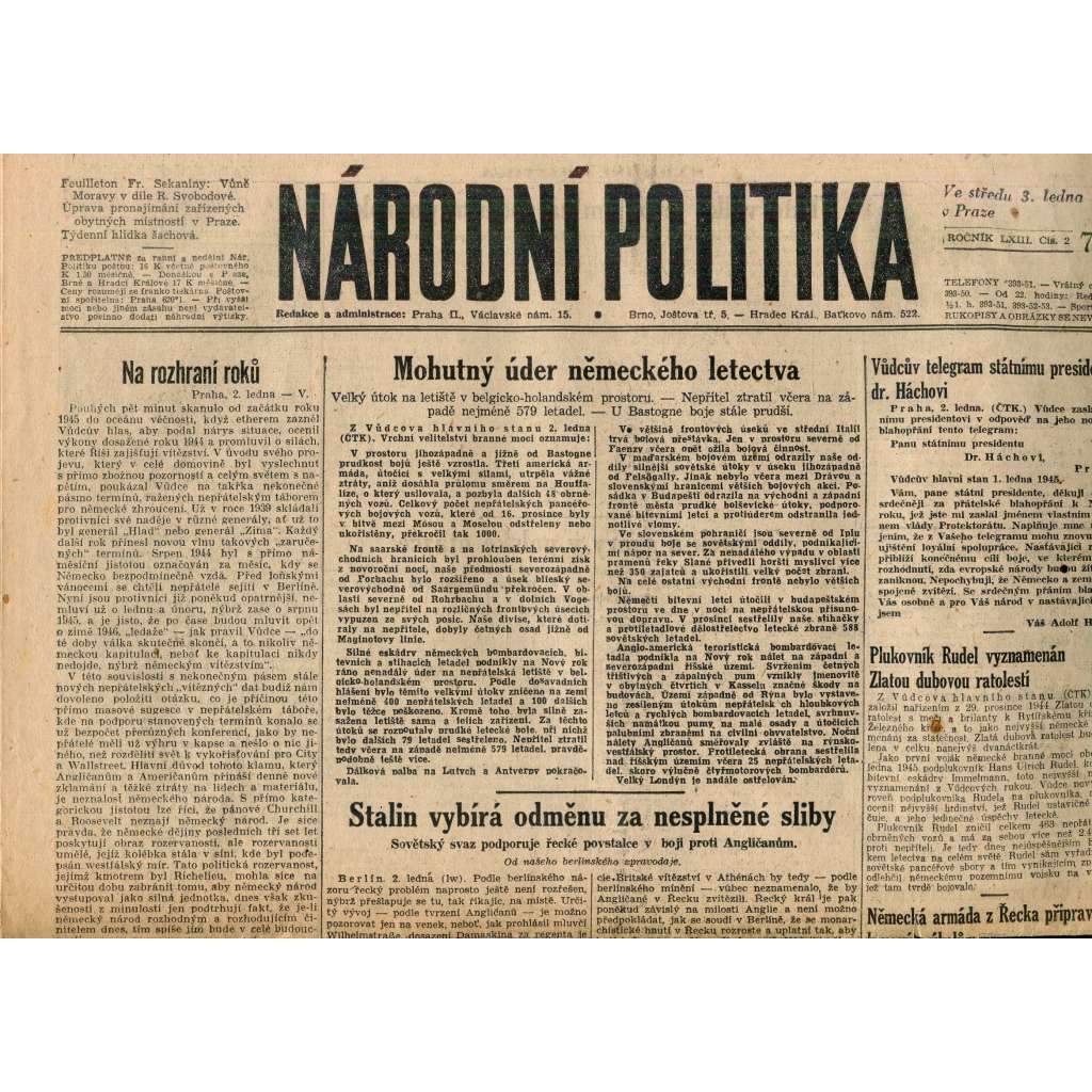 Národní politika (3.1.1945) - staré noviny, protektorát