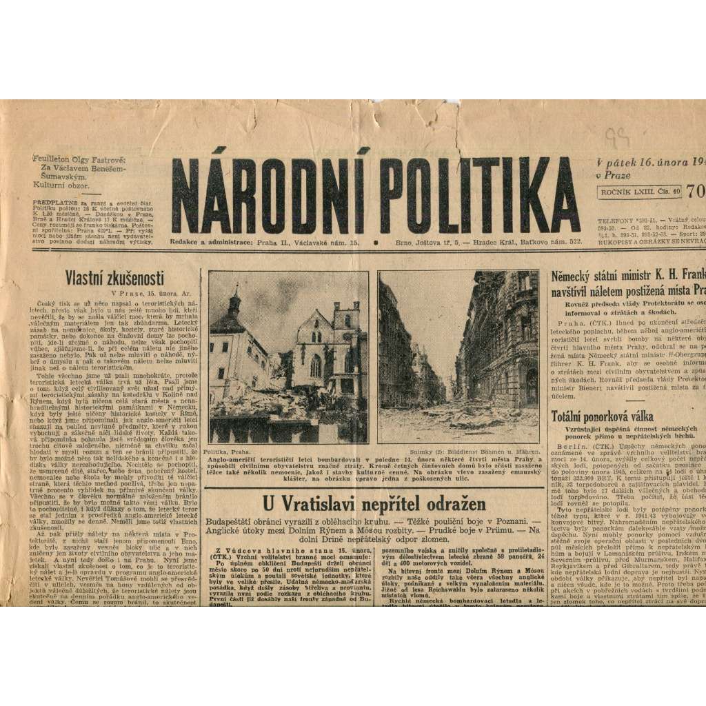 Národní politika (16.2.1945) - staré noviny, protektorát (pošk.)