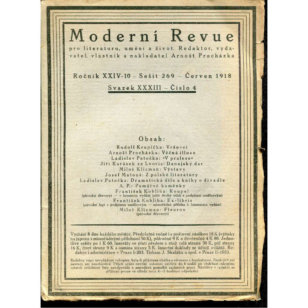 Moderní revue, ročník XXIV., sešit 269, svazek XXXIII. číslo 4/1918 (1x grafika František Kobliha)