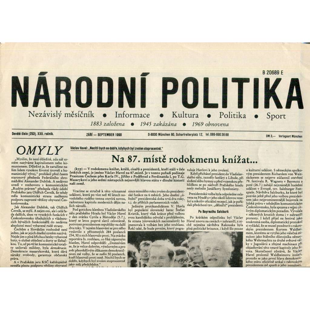 Národní politika (září 1990) - noviny, exil