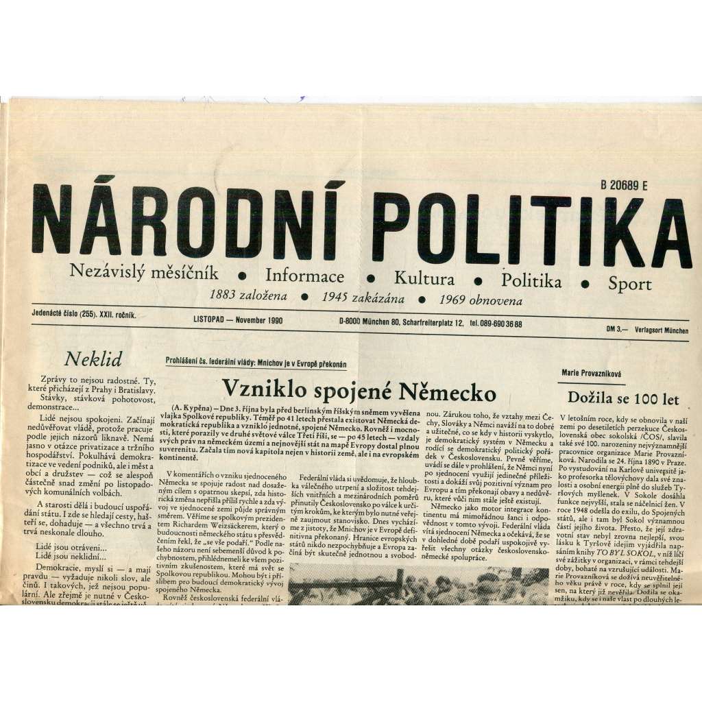Národní politika (listopad 1990) - noviny, exil