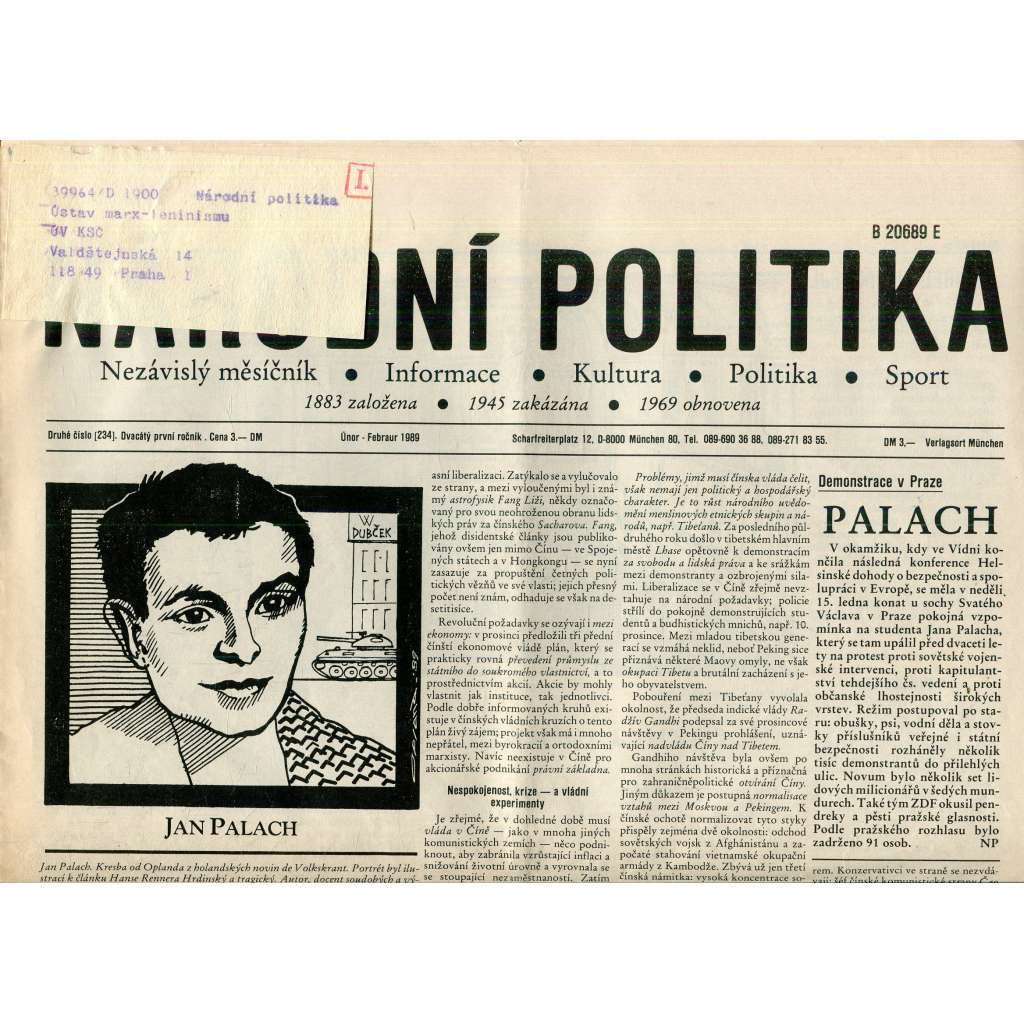 Národní politika (únor 1989) - noviny, exil