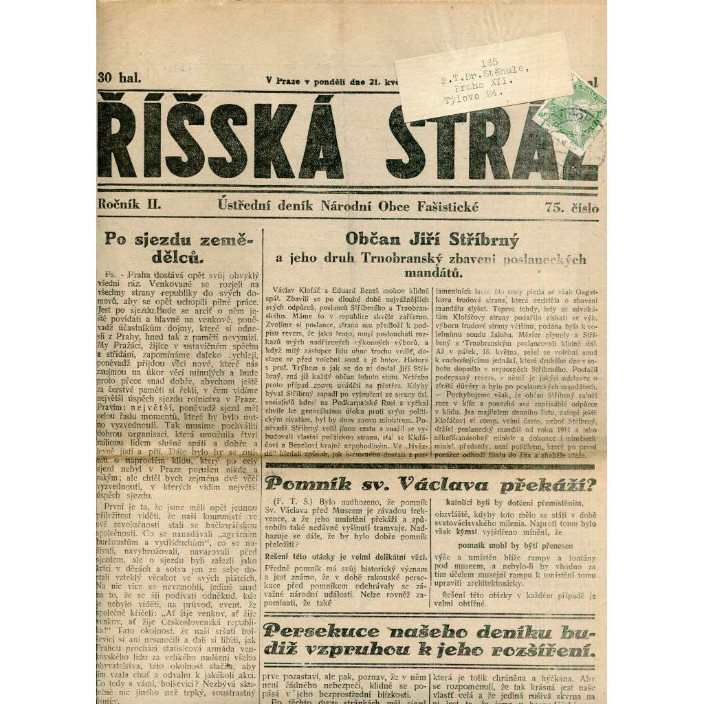 Říšská stráž (21.5.1928) Ústřední deník Národní obce fašistické (staré noviny, fašisté, 1. republika)