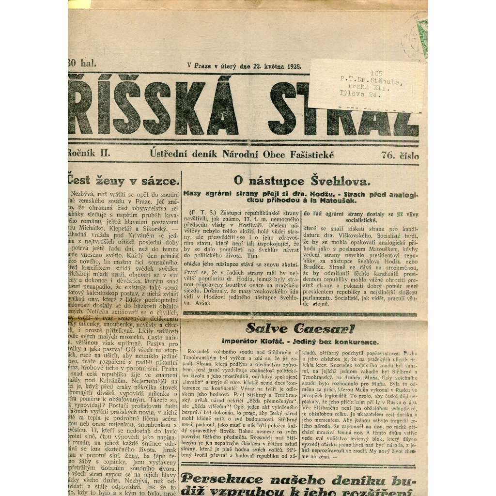 Říšská stráž (22.5.1928) Ústřední deník Národní obce fašistické (staré noviny, fašisté, 1. republika)
