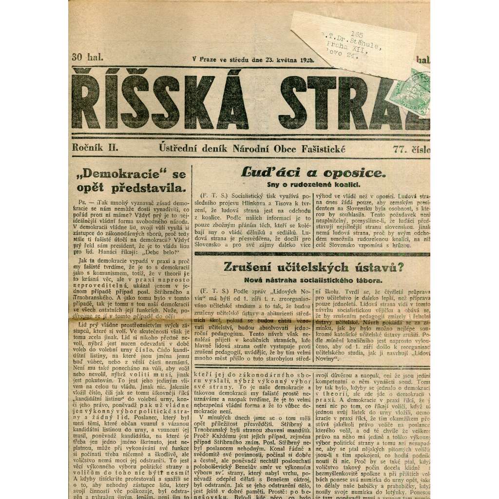 Říšská stráž (23.5.1928) Ústřední deník Národní obce fašistické (staré noviny, fašisté, 1. republika)