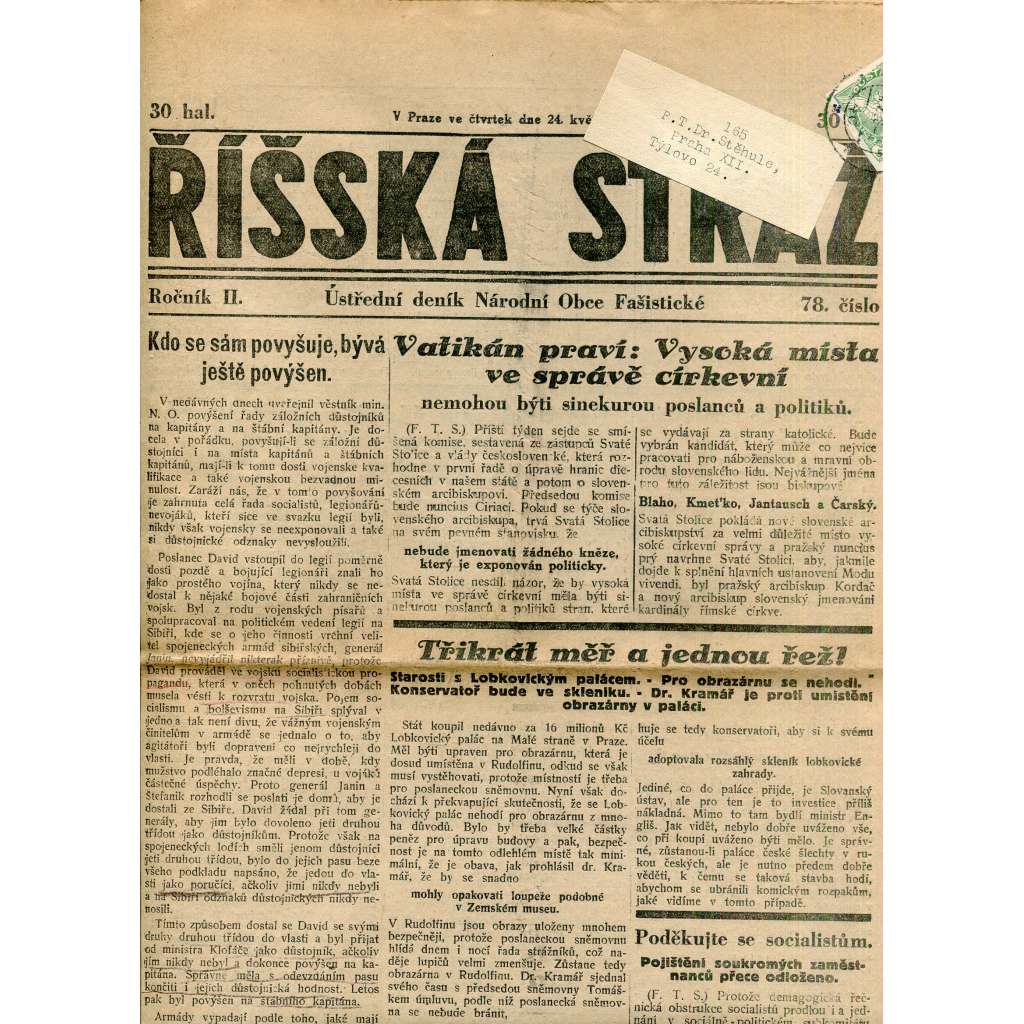 Říšská stráž (23.5.1928) Ústřední deník Národní obce fašistické (staré noviny, fašisté, 1. republika)