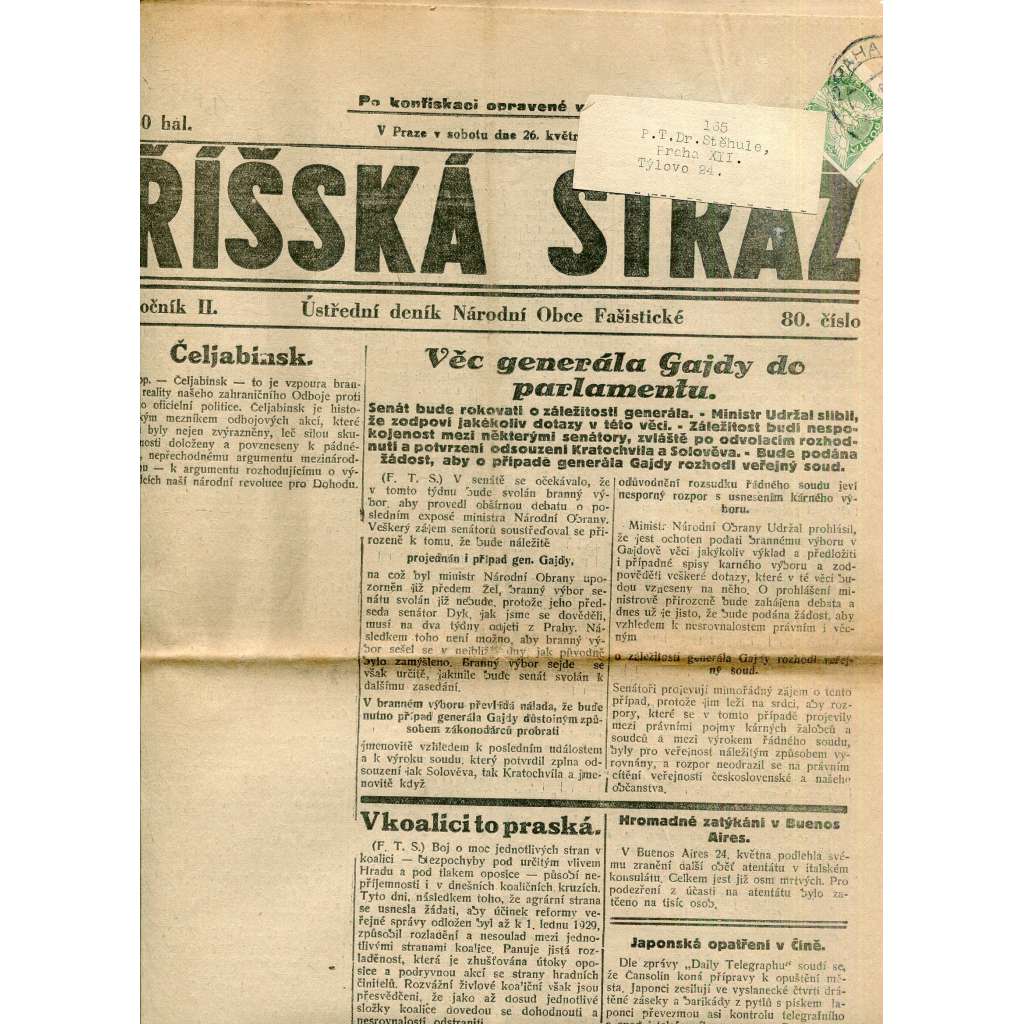 Říšská stráž (26.5.1928) Ústřední deník Národní obce fašistické (staré noviny, fašisté, 1. republika)