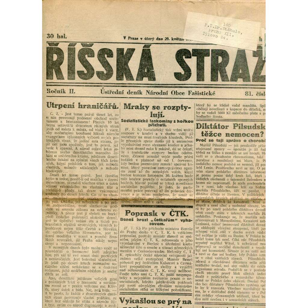 Říšská stráž (29.5.1928) Ústřední deník Národní obce fašistické (staré noviny, fašisté, 1. republika)