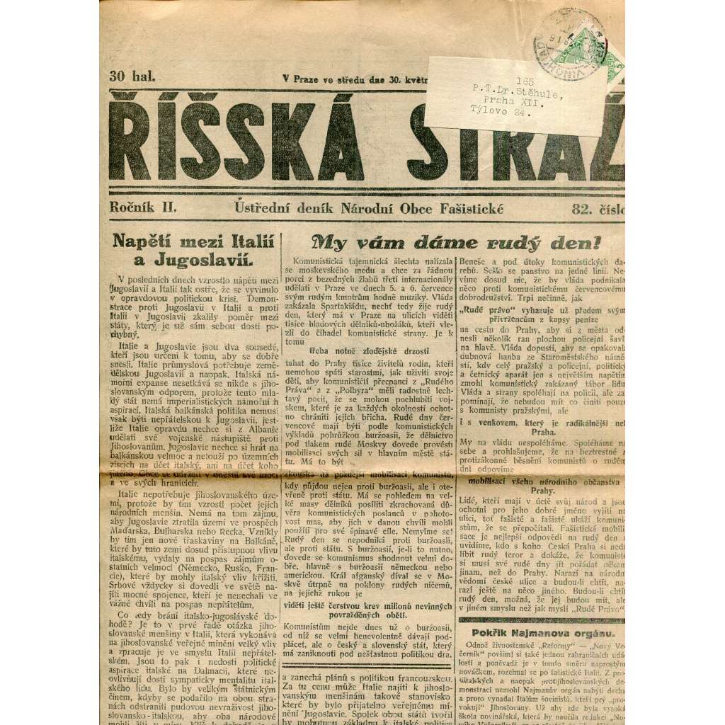 Říšská stráž (30.5.1928) Ústřední deník Národní obce fašistické (staré noviny, fašisté, 1. republika)