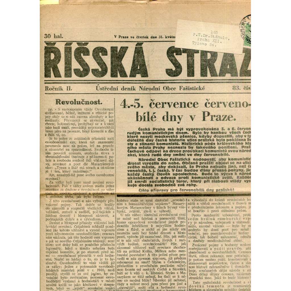 Říšská stráž (31.5.1928) Ústřední deník Národní obce fašistické (staré noviny, fašisté, 1. republika)