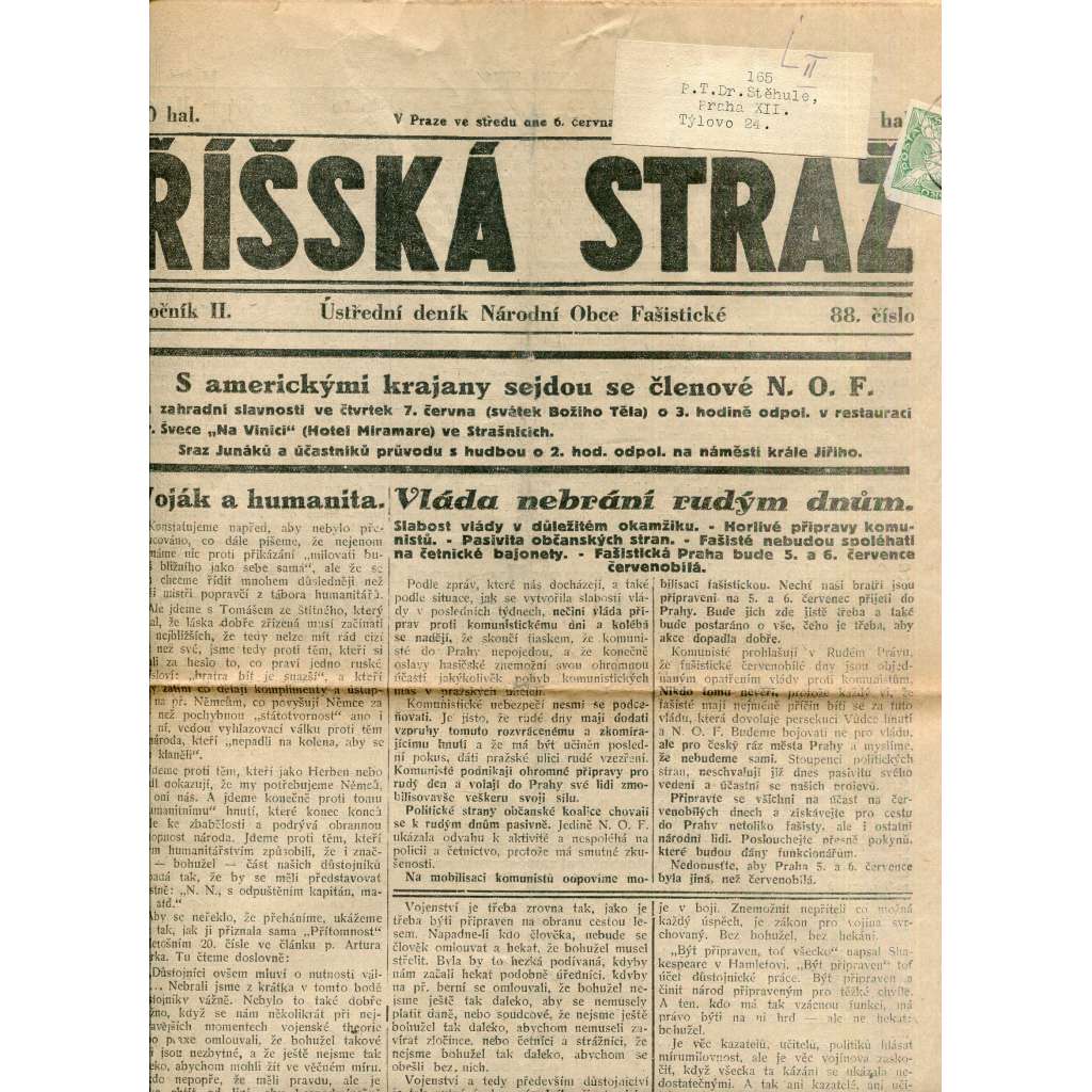 Říšská stráž (6.6.1928) Ústřední deník Národní obce fašistické (staré noviny, fašisté, 1. republika)