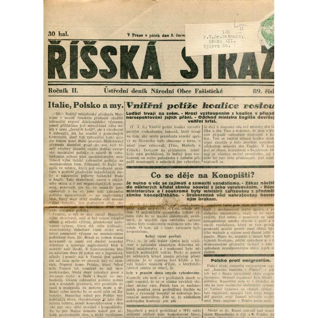 Říšská stráž (8.6.1928) Ústřední deník Národní obce fašistické (staré noviny, fašisté, 1. republika)