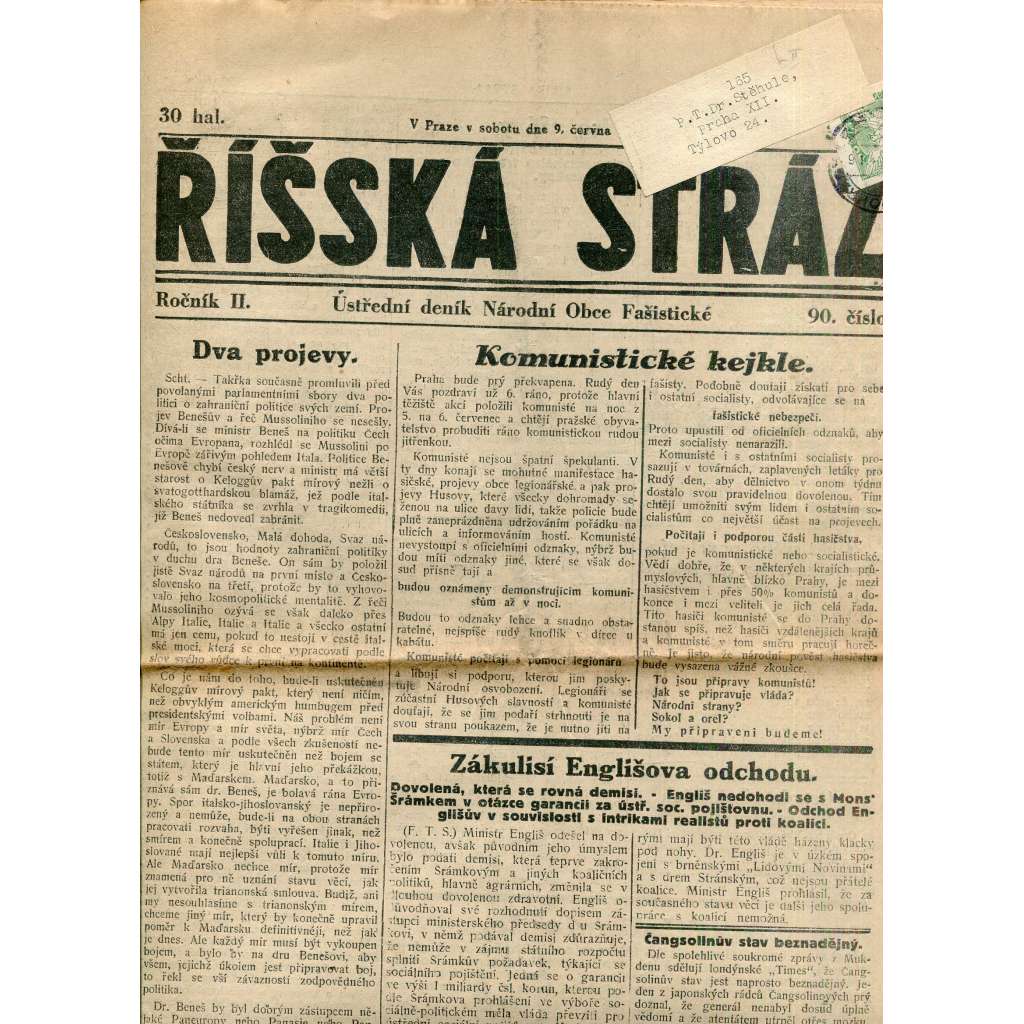 Říšská stráž (9.6.1928) Ústřední deník Národní obce fašistické (staré noviny, fašisté, 1. republika)