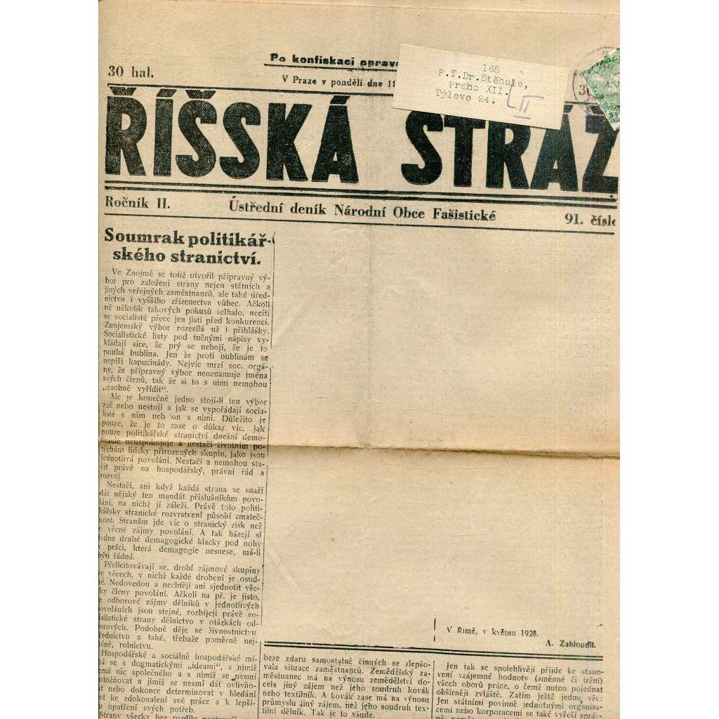 Říšská stráž (11.6.1928) Ústřední deník Národní obce fašistické (staré noviny, fašisté, 1. republika)