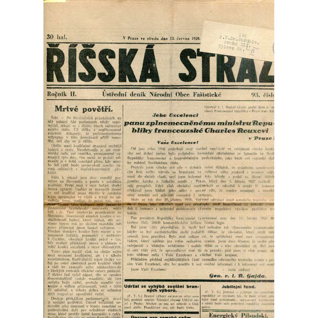 Říšská stráž (13.6.1928) Ústřední deník Národní obce fašistické (staré noviny, fašisté, 1. republika)