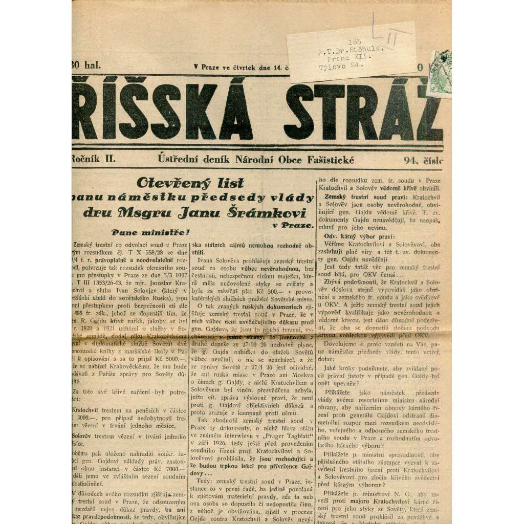 Říšská stráž (14.6.1928) Ústřední deník Národní obce fašistické (staré noviny, fašisté, 1. republika)