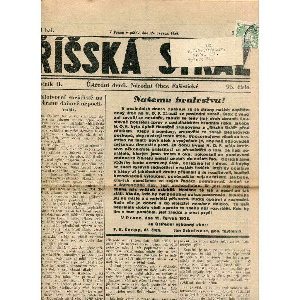 Říšská stráž (15.6.1928) Ústřední deník Národní obce fašistické (staré noviny, fašisté, 1. republika)