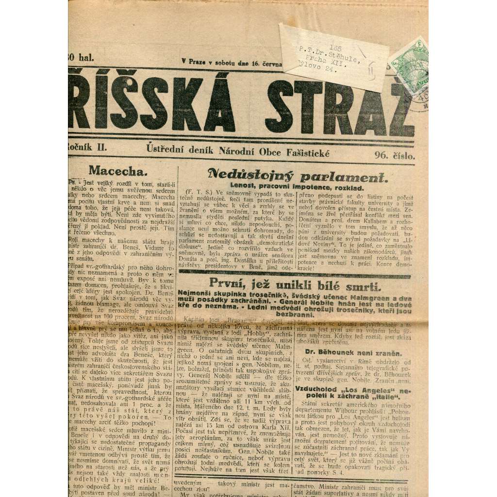 Říšská stráž (16.6.1928) Ústřední deník Národní obce fašistické (staré noviny, fašisté, 1. republika)