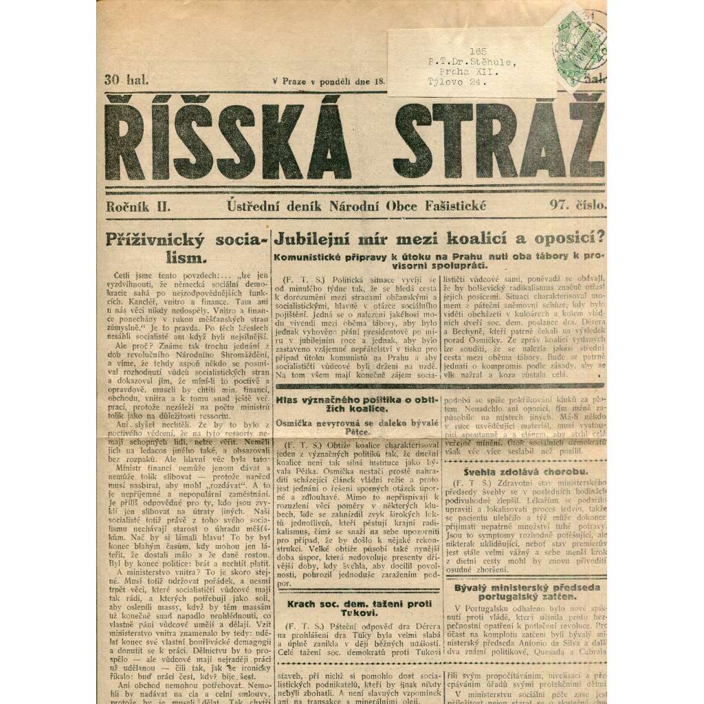 Říšská stráž (18.6.1928) Ústřední deník Národní obce fašistické (staré noviny, fašisté, 1. republika)