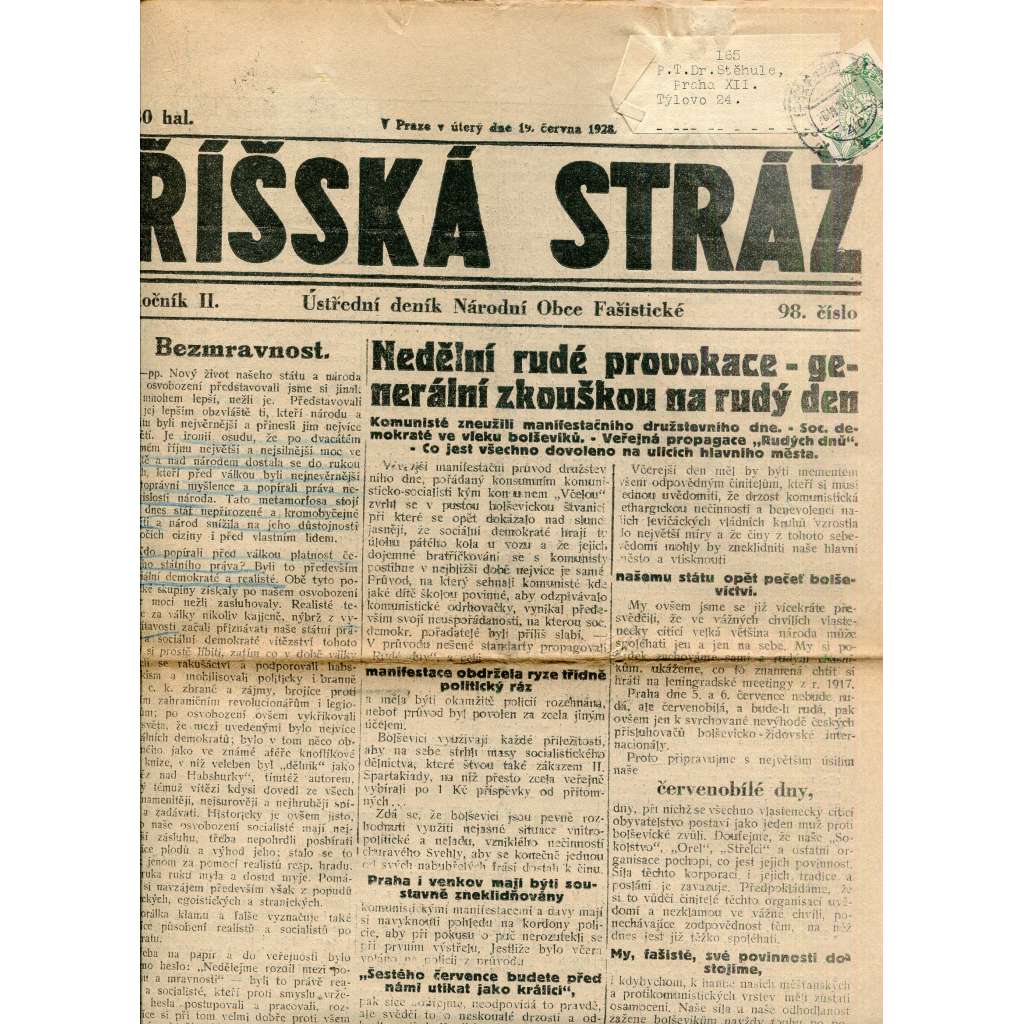 Říšská stráž (19.6.1928) Ústřední deník Národní obce fašistické (staré noviny, fašisté, 1. republika)