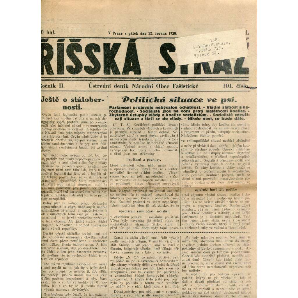 Říšská stráž (22.6.1928) Ústřední deník Národní obce fašistické (staré noviny, fašisté, 1. republika)