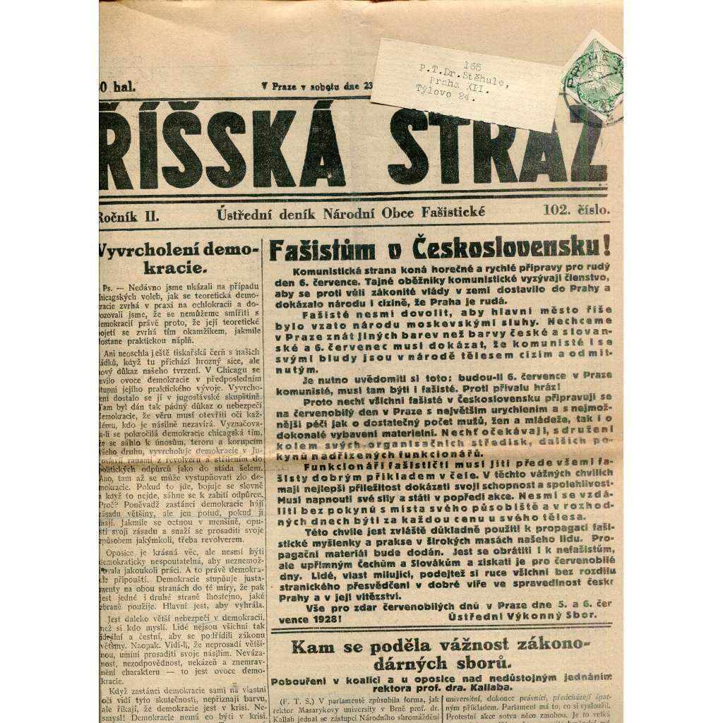 Říšská stráž (23.6.1928) Ústřední deník Národní obce fašistické (staré noviny, fašisté, 1. republika)
