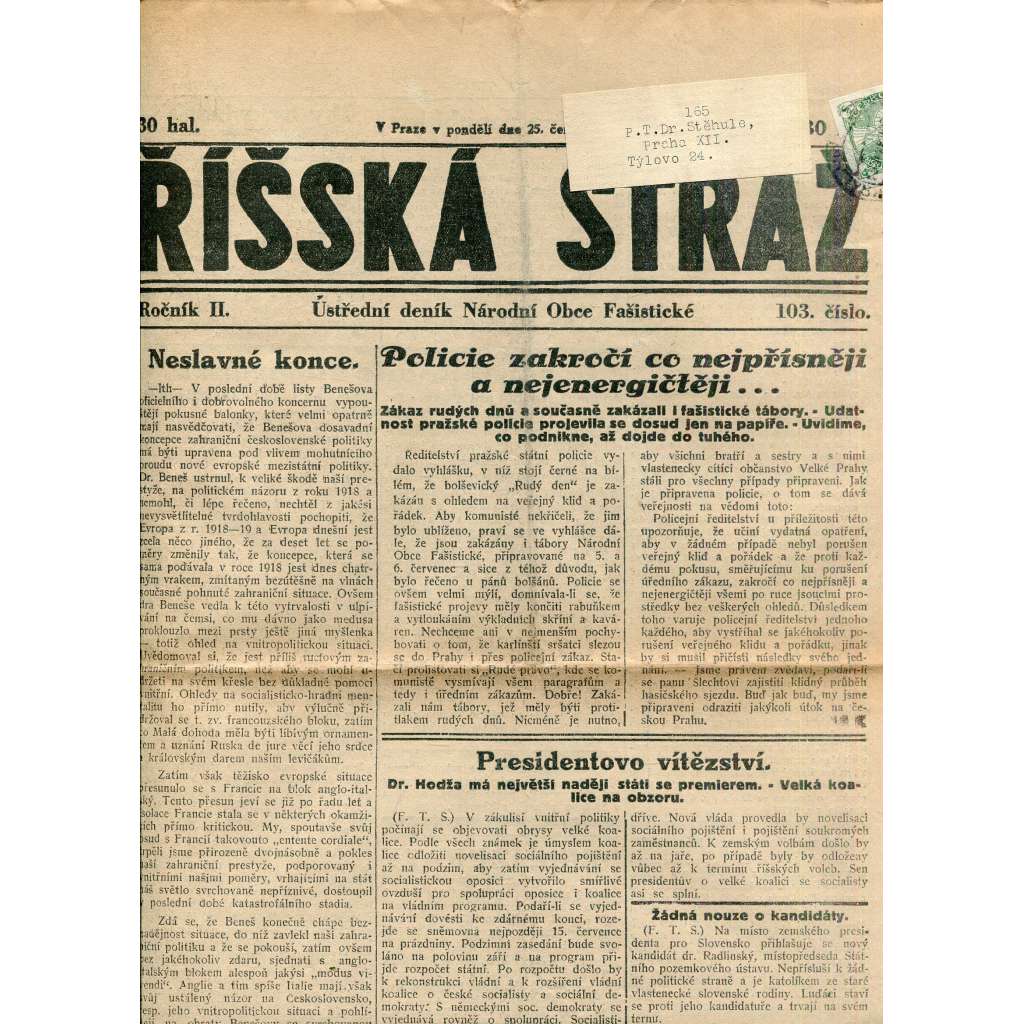 Říšská stráž (25.6.1928) Ústřední deník Národní obce fašistické (staré noviny, fašisté, 1. republika)