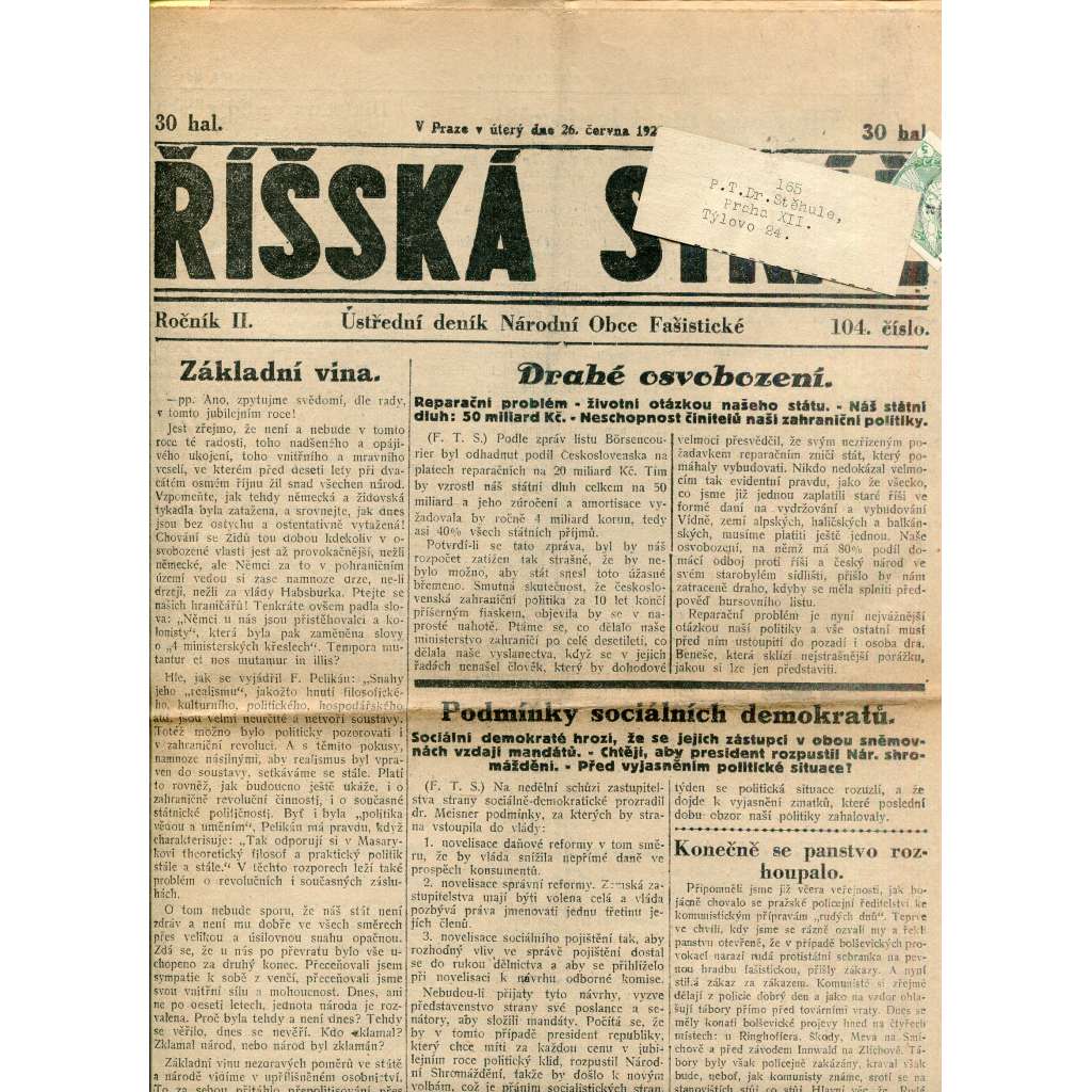 Říšská stráž (26.6.1928) Ústřední deník Národní obce fašistické (staré noviny, fašisté, 1. republika)