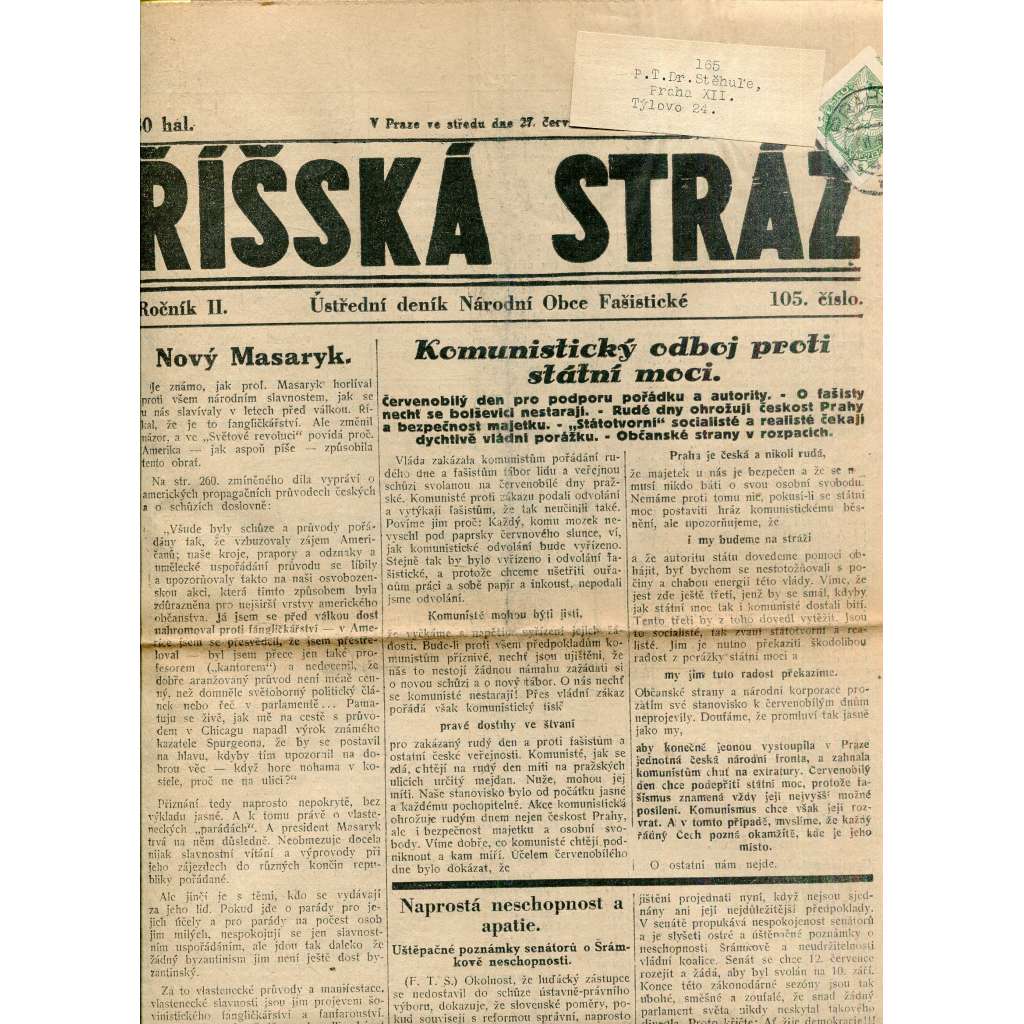 Říšská stráž (27.6.1928) Ústřední deník Národní obce fašistické (staré noviny, fašisté, 1. republika)