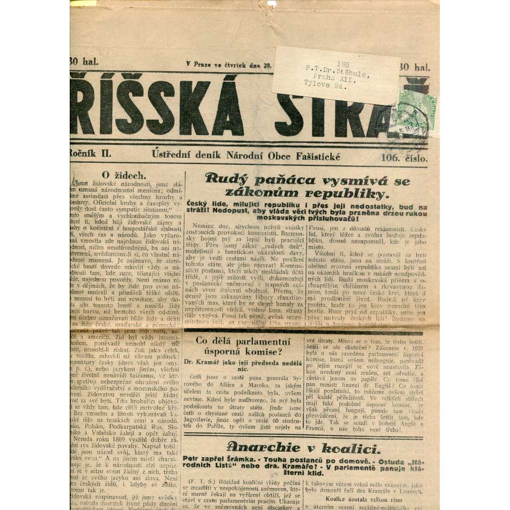 Říšská stráž (28.6.1928) Ústřední deník Národní obce fašistické (staré noviny, fašisté, 1. republika)