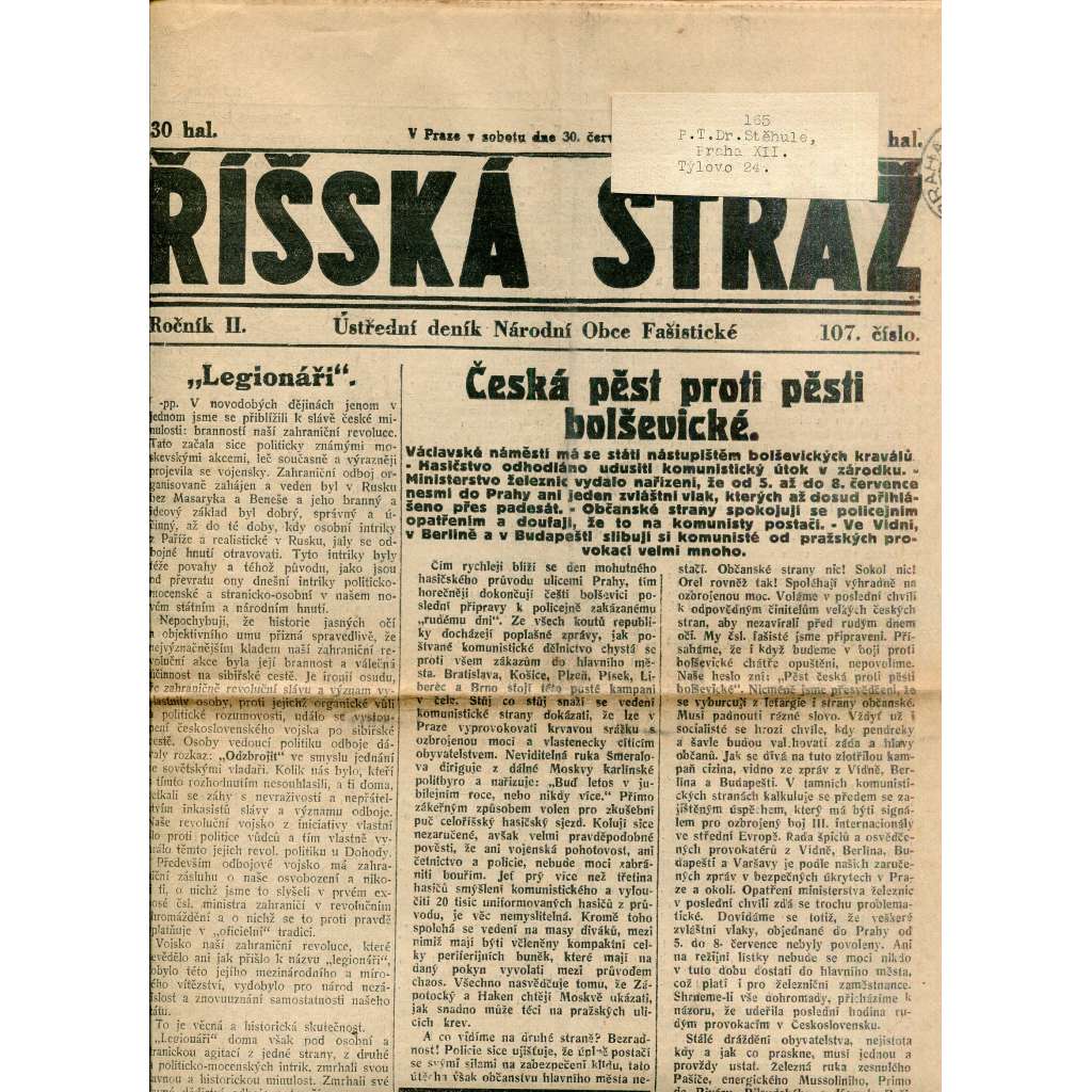Říšská stráž (30.6.1928) Ústřední deník Národní obce fašistické (staré noviny, fašisté, 1. republika)