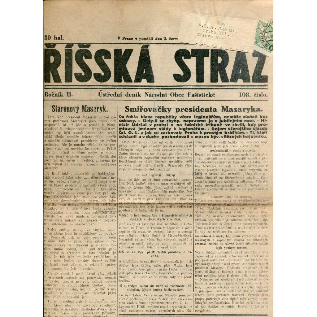 Říšská stráž (2.7.1928) Ústřední deník Národní obce fašistické (staré noviny, fašisté, 1. republika)