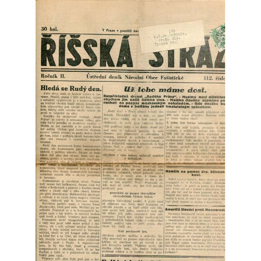 Říšská stráž (9.7.1928) Ústřední deník Národní obce fašistické (staré noviny, fašisté, 1. republika)