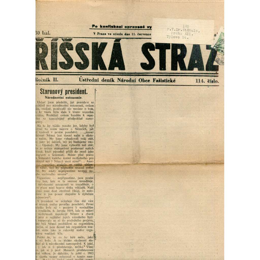 Říšská stráž (11.7.1928) Ústřední deník Národní obce fašistické (staré noviny, fašisté, 1. republika)
