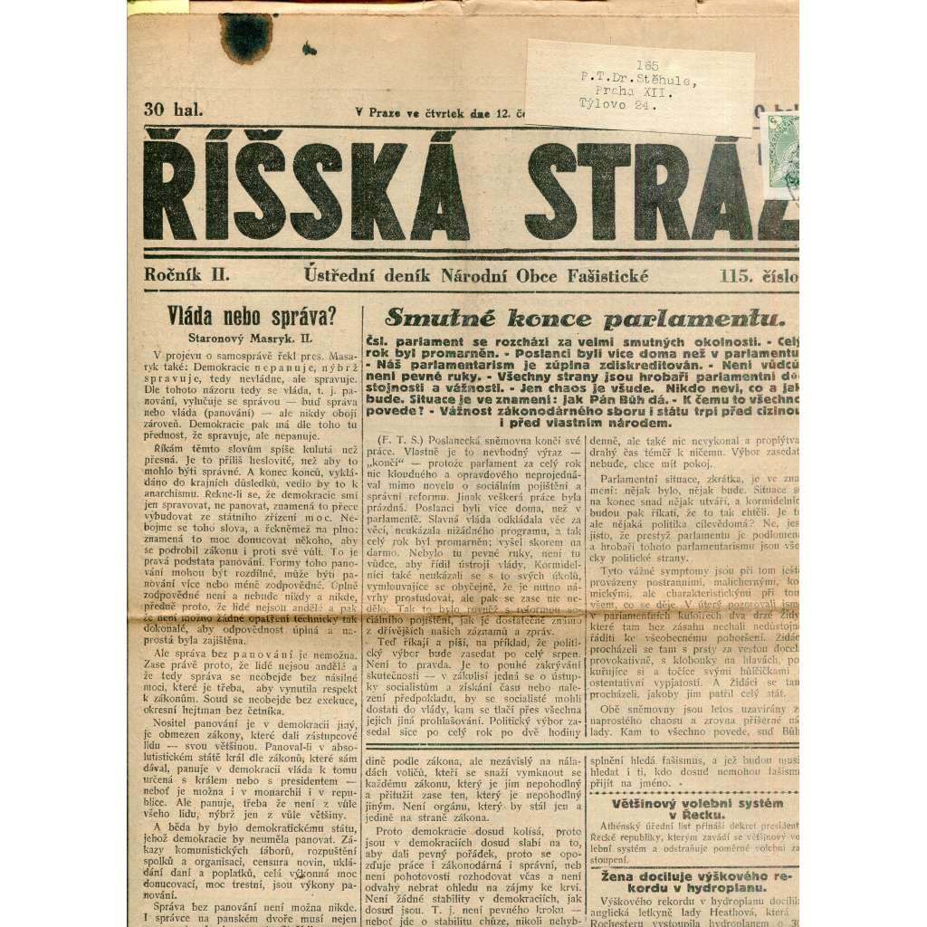 Říšská stráž (12.7.1928) Ústřední deník Národní obce fašistické (staré noviny, fašisté, 1. republika)