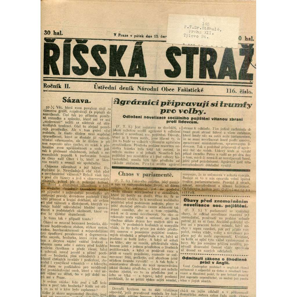 Říšská stráž (13.7.1928) Ústřední deník Národní obce fašistické (staré noviny, fašisté, 1. republika)