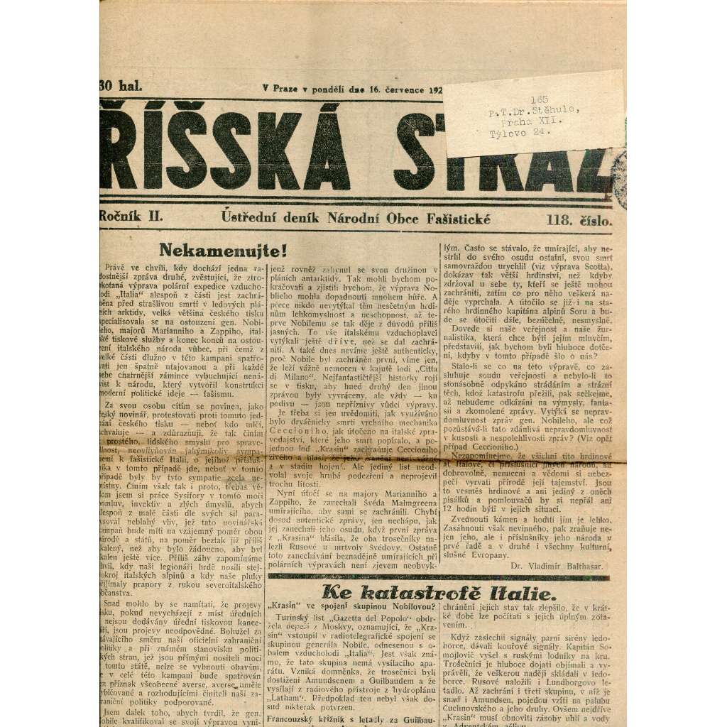 Říšská stráž (16.7.1928) Ústřední deník Národní obce fašistické (staré noviny, fašisté, 1. republika)