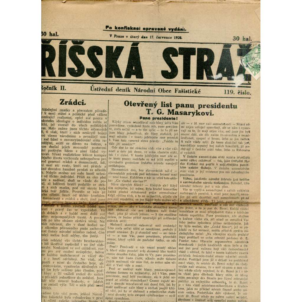 Říšská stráž (17.7.1928) Ústřední deník Národní obce fašistické (staré noviny, fašisté, 1. republika)