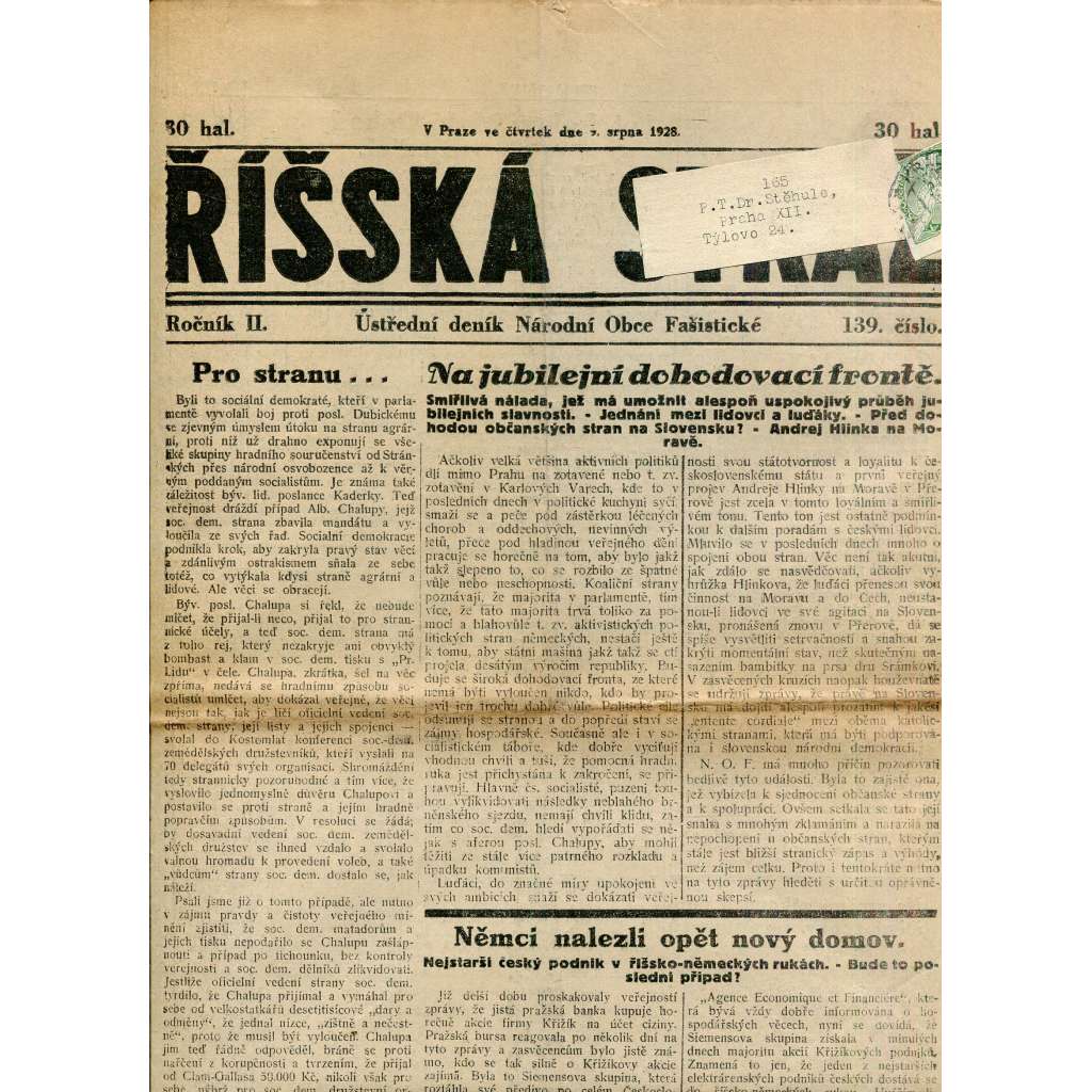 Říšská stráž (9.8.1928) Ústřední deník Národní obce fašistické (staré noviny, fašisté, 1. republika)