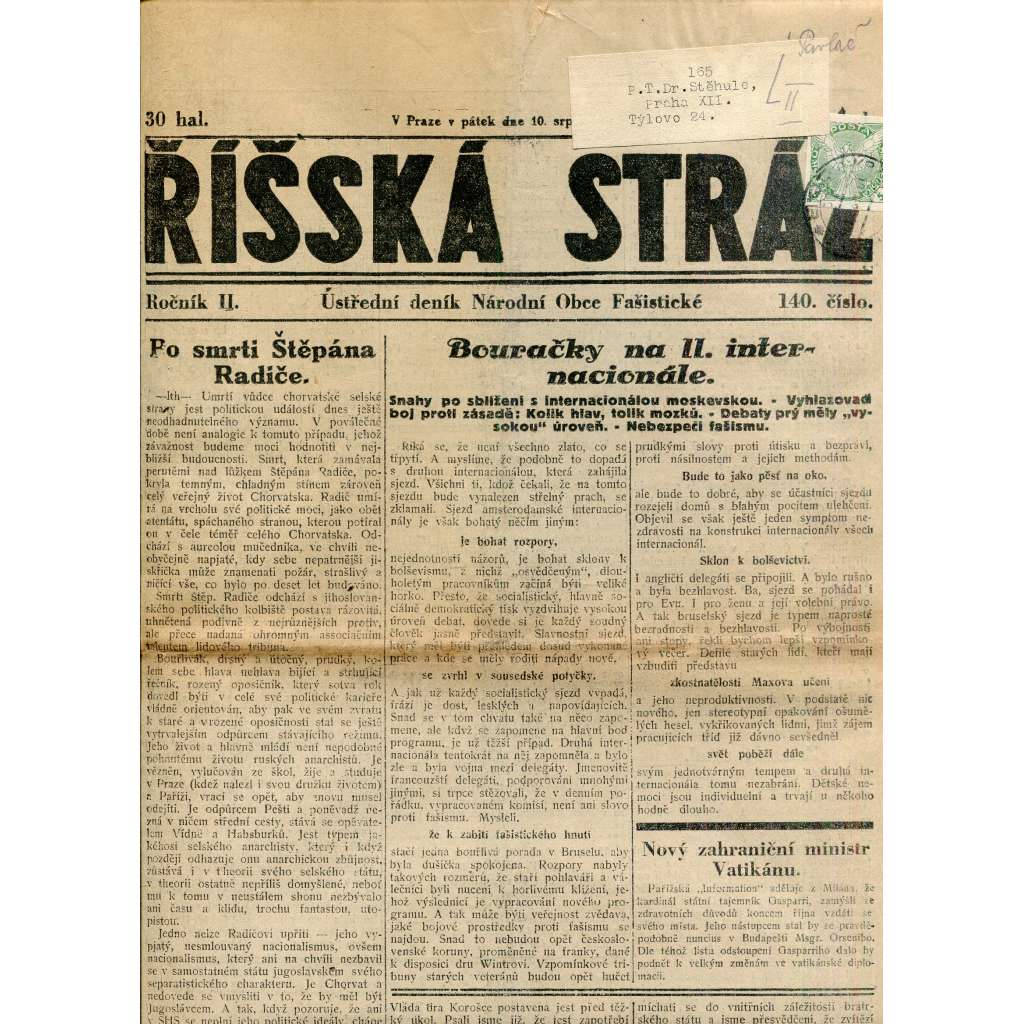 Říšská stráž (10.8.1928) Ústřední deník Národní obce fašistické (staré noviny, fašisté, 1. republika)