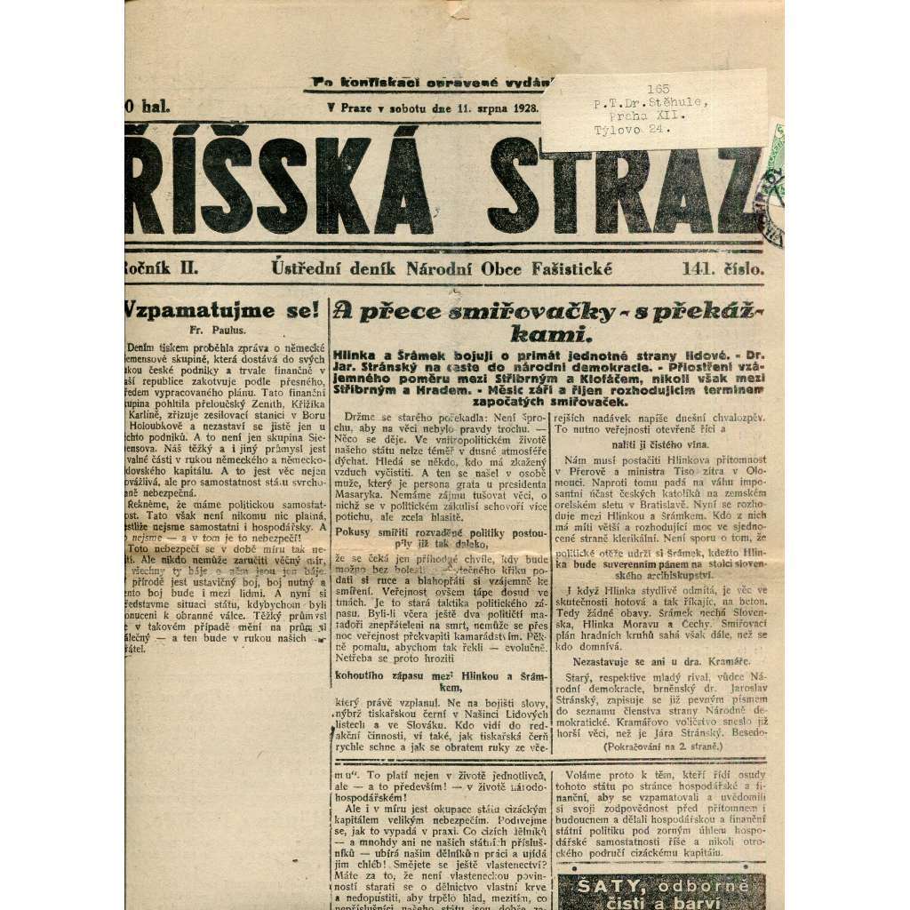 Říšská stráž (11.8.1928) Ústřední deník Národní obce fašistické (staré noviny, fašisté, 1. republika)